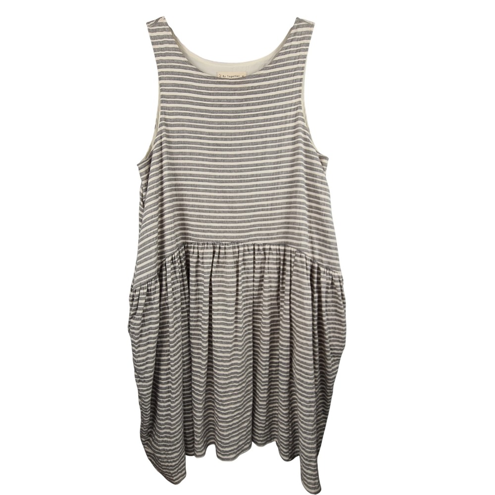 By Together Gray White Striped Sleeveless Babydoll Sharkbite Dress Medium Casual